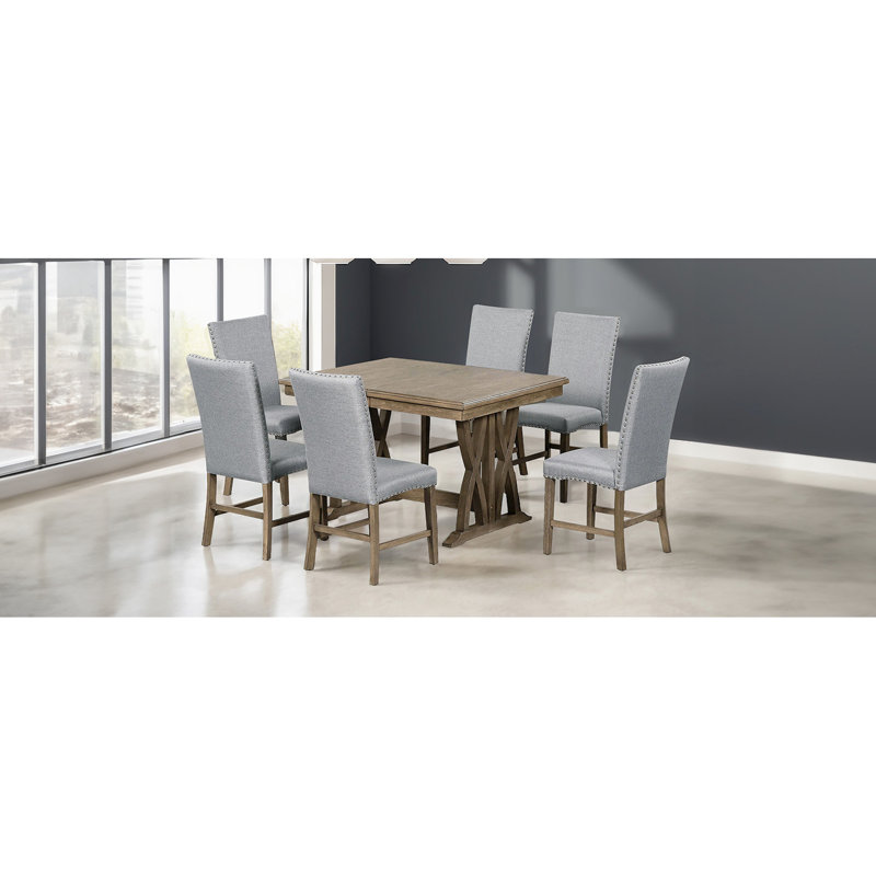 Table de salle à manger de style Mid-Century moderne pour 6 personnes, avec pieds croisés et feuille de 12 po, chaises rembourrées en mousse et rembourrage en mousse sur le dossier du siège