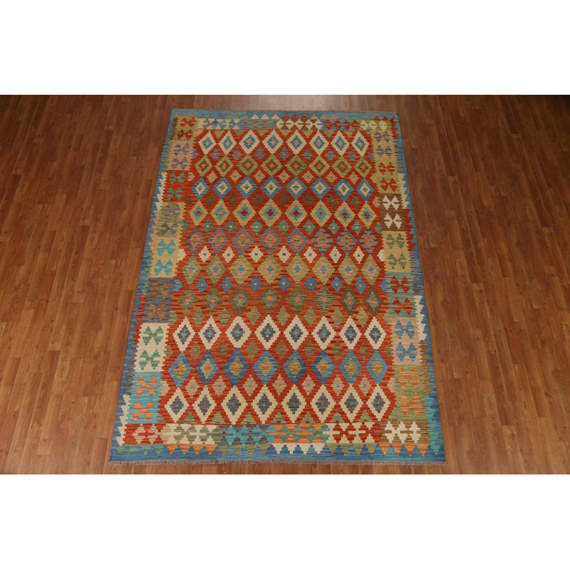 Tapis orange / bleu / vert en laine noué à la main de conception unique 6 pi 7 po x 9 pi 6 po New Age