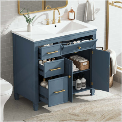 Meuble-lavabo de salle de bain avec lavabo, lavabo en céramique, un tiroir basculant, 3 tiroirs latéraux, tablette réglable (robinet non inclus)