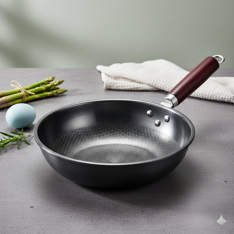 Wok en fer noir avec poignée en bois - 34 cm, 34