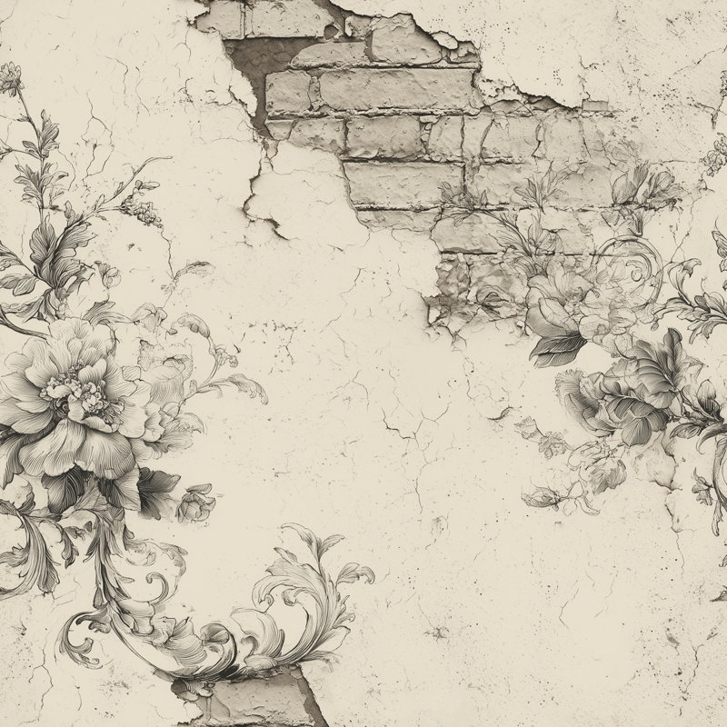 Papier peint rétro avec croquis floral rétro, Non tissé, non collé