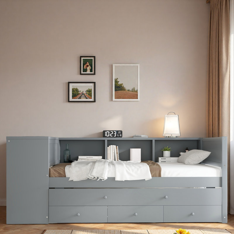 Lit de jour en bois avec couchette, tiroirs de rangement, tablettes latérales et bureau, Gris, Lit simple