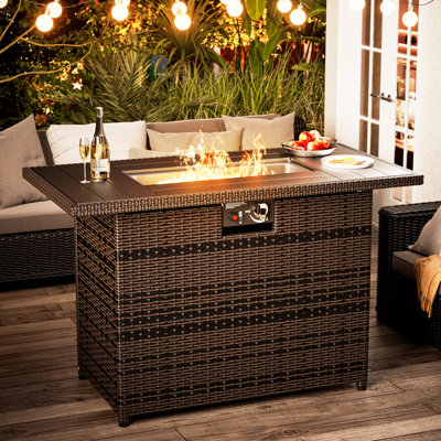 44'' Outdoor Rattan Propane Gas Fire Pit Table with Hidden Tank Storage and Lid
