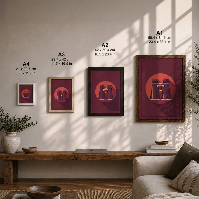 Binoculars in Gold Modern - Framed Print, A4 - 29.7 x 21.0 cm, White
