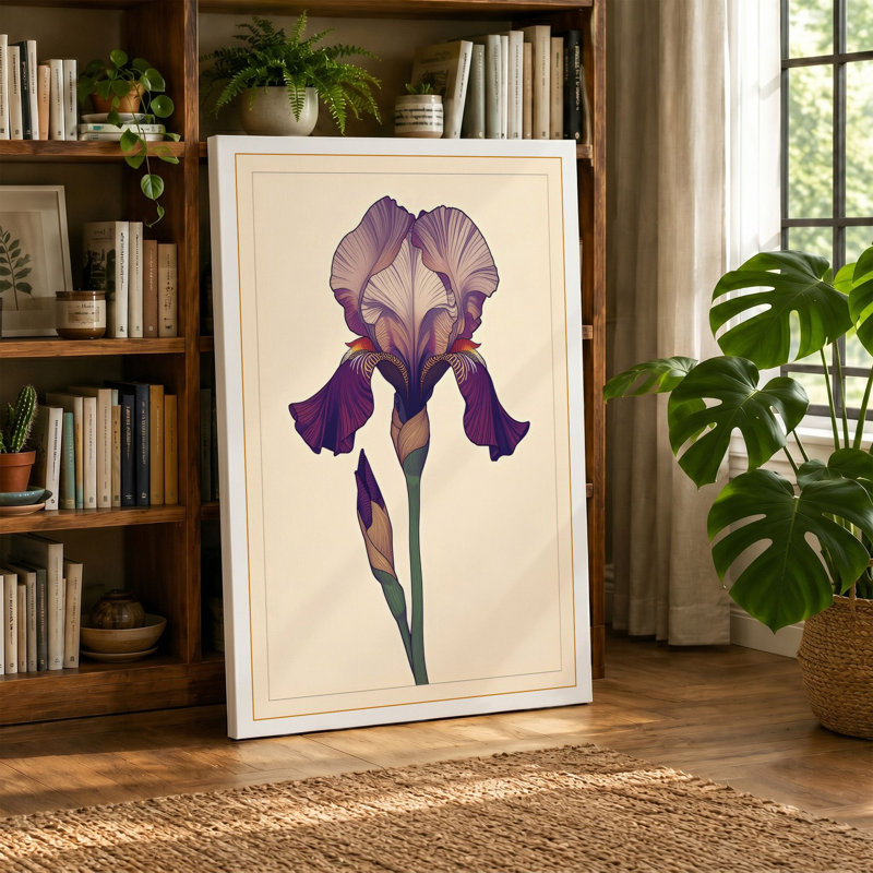 Purple Iris Study Botanical - Wrapped Canvas, 36x24 - 91.4 x 61.0 cm, Taupe Border