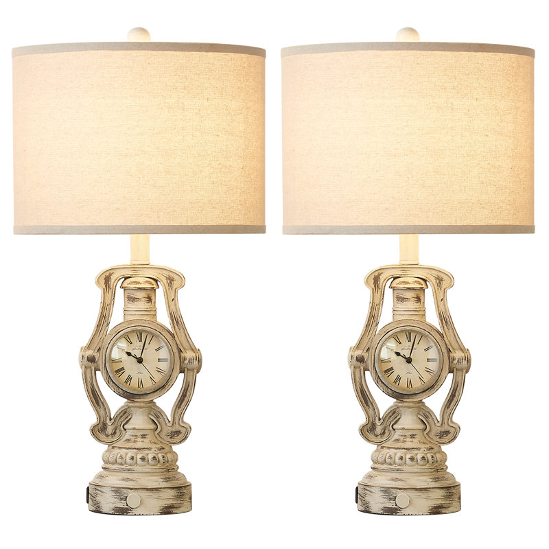 Set of 2 Vintage Silent Clock Table Lamps with Touch Dimmer and USB Charging – Antique Farmhouse Style, White