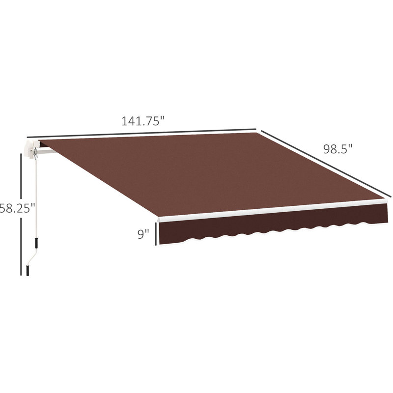 Auvent rétractable 12 pi x 8 pi pour la protection solaire du patio. Manivelle manuelle. 280 g / m² et eau - tissu. Cadre en aluminium. Terrasse, balcon, cour. Protection de l'eau du balcon brun - cadre, manivelle, cour, ombre