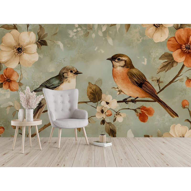 Murale oiseaux rétro - art floral botanique, L 100 po x l 70 po, Non tissé