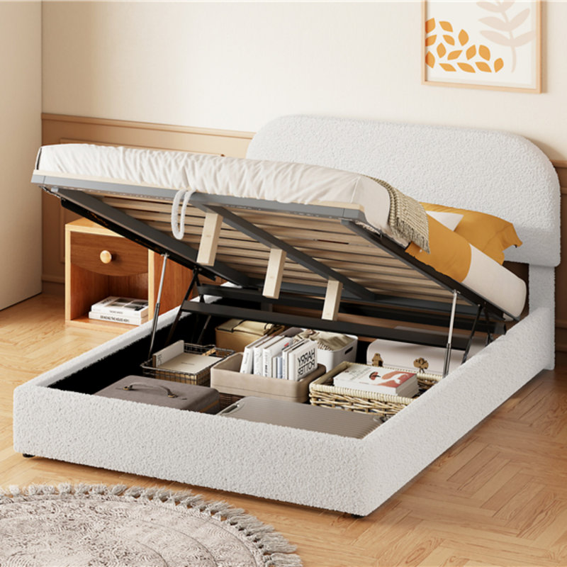 Lit plateforme tapissier Teddy, Lit double, Blanc
