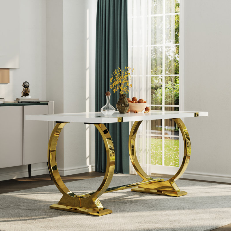 Luxury Dining Table With U-Shaped Base, Gold, 30" H x 60" L x 31.5" W