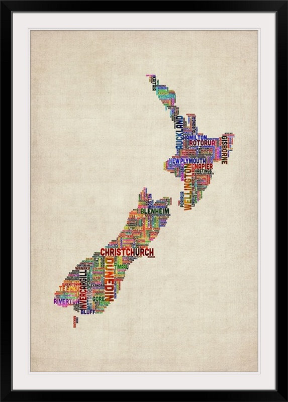 Art textuel de Francy, «New Zealand Cities Map» par Abarca, H 32 po x l 24 po x P 1 po, Cadre noir