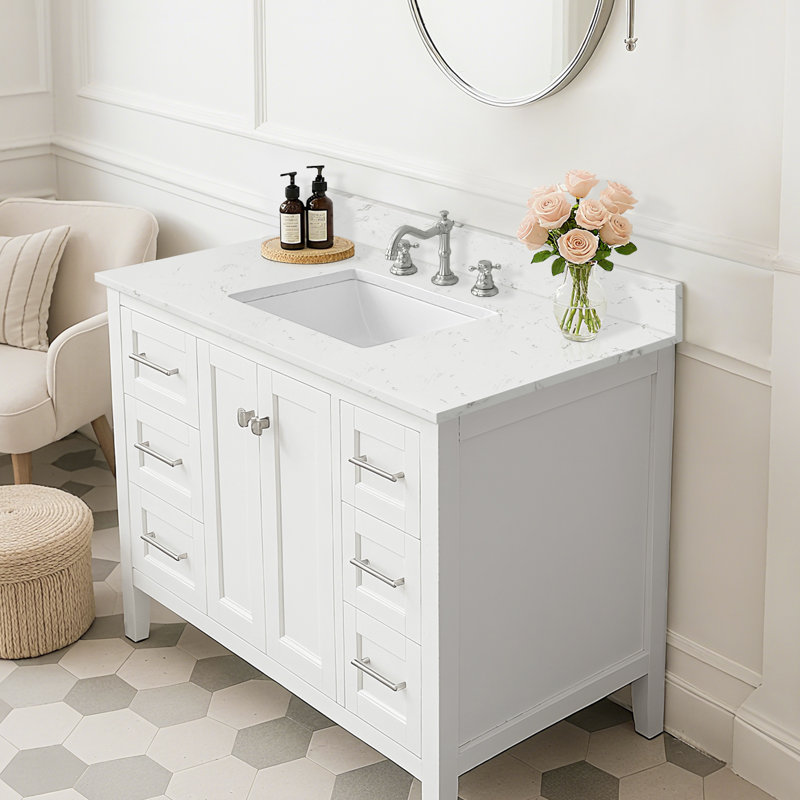 Plateau de meuble-lavabo simple 42 po en marbre de culture avec lavabo - pour meuble-lavabo de remplacement, sans armoire