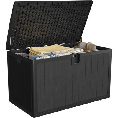 130 Gal Resin Deck Box, Waterproof Lockable Outdoor Storage Box, Versatile Outside Container for Package Parcels, Patio Furniture Cushions, Imitation Wood Grain