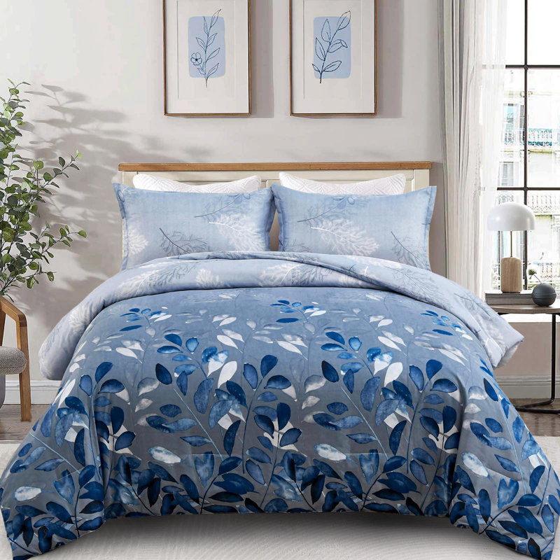 Ensemble d'édredon réversible 3 pièces à motif floral en microfibre douce toutes saisons, Bleu