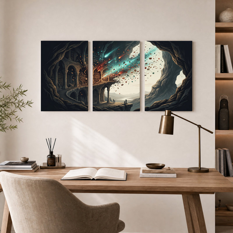Bibliothèque fantastique avec livres volants et montagne - Ensemble de 3 toiles murales, 18"H x 12"W x 3pcs