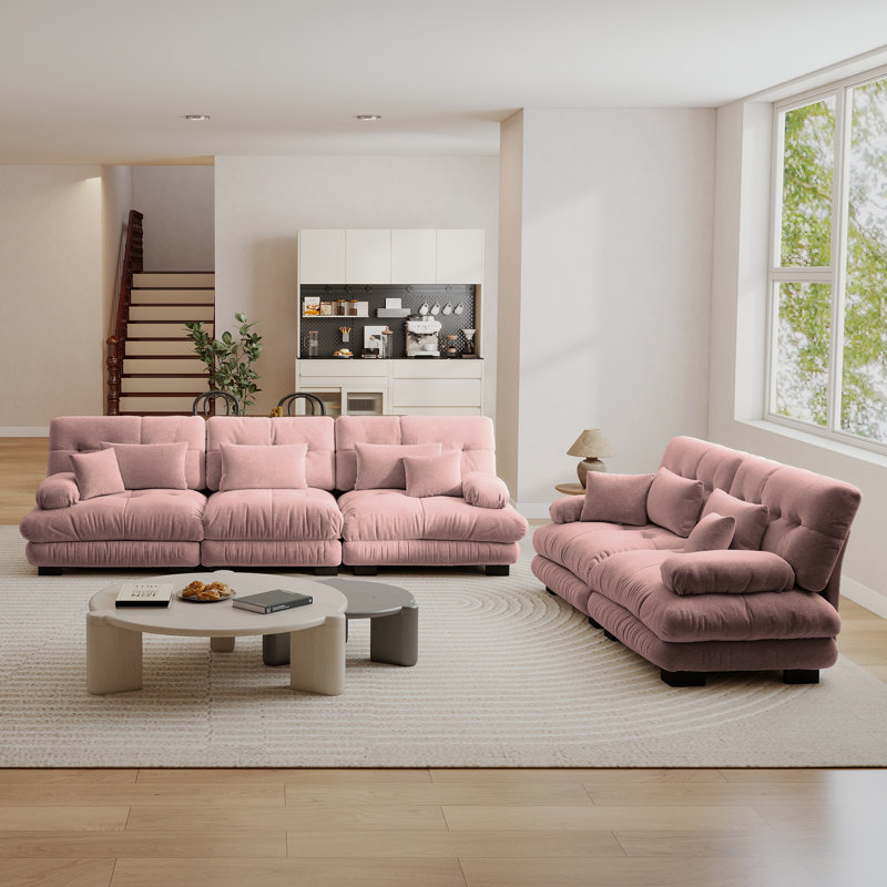Ensemble de salon 2 pièces en chenille avec causeuse et canapé 3 places, canapé modulaire surdimensionné, Rosé