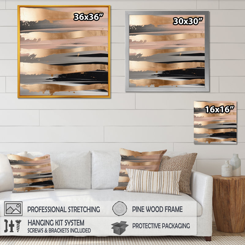 Impressions sur toile abstraites dorées et roses II, L 30 po x H 30 po, Encadrement doré