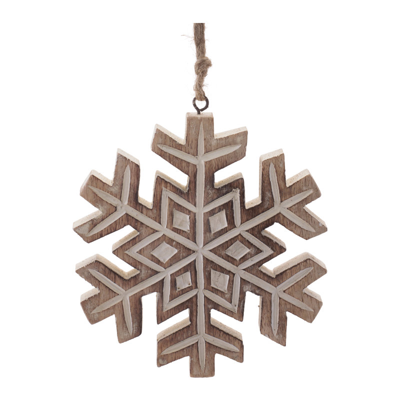 Ensemble de 6 ornements en forme de flocon de neige en bois - H 5,5 po