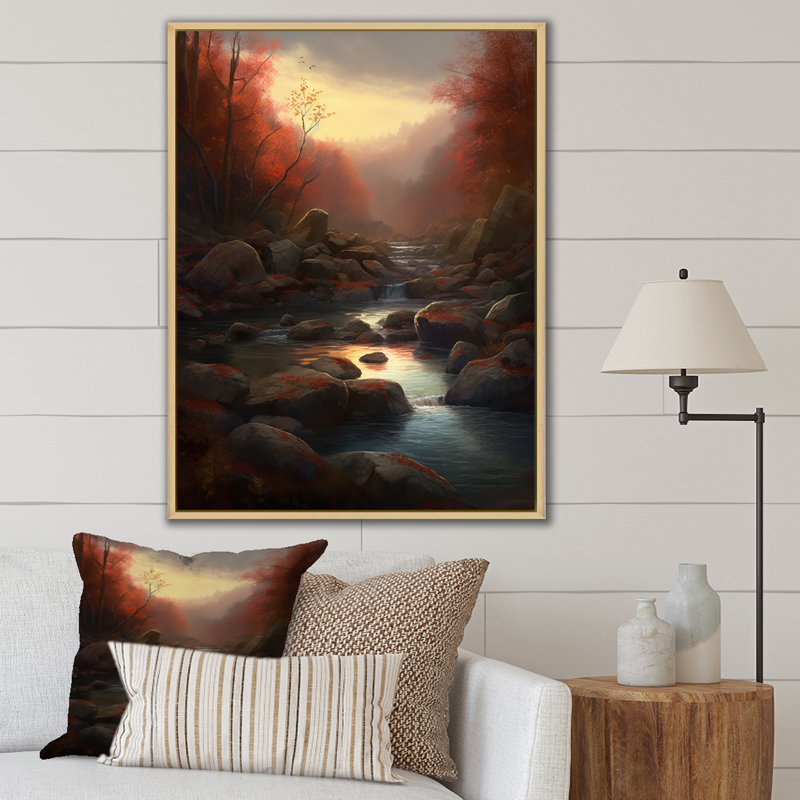 «Autumn Mountain River With Stones Misty Sunset» sur toile, 32" H x 24" W, Cadre naturel flottant