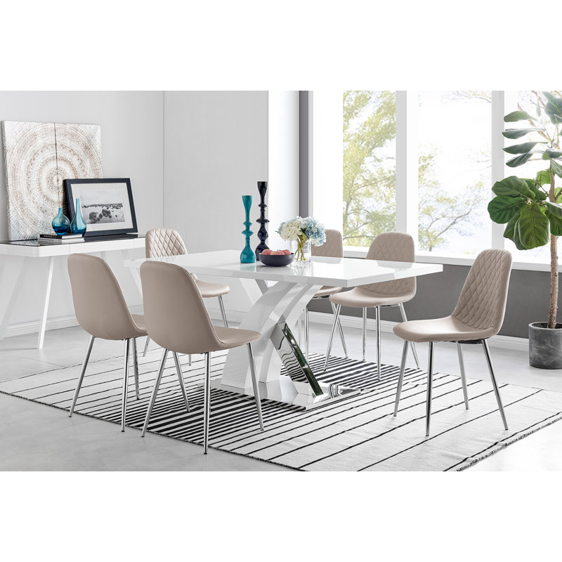 Edzard Chrome & White High Gloss Dining Table Set with 6 Luxury Faux Leather Dining Chairs, Cappuccino Beige/Silver