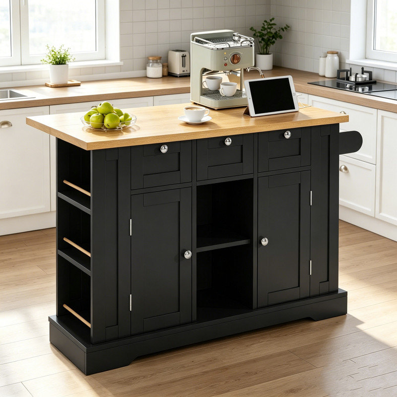 132 cm W Kitchen Island with, Black