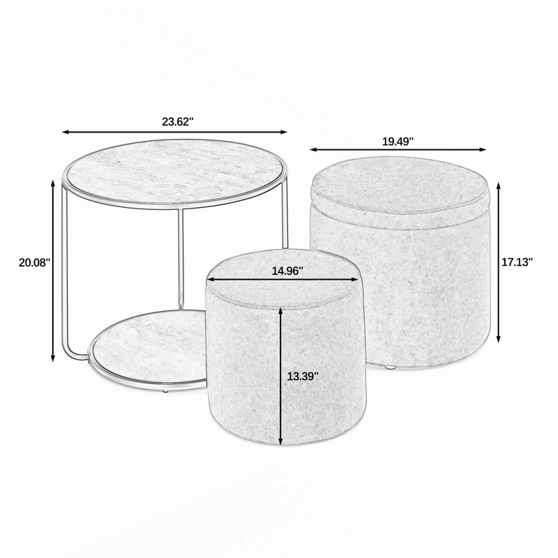 Multi-Functional Ottoman Table Set with Drum Stool and Storage Space, Dark Blue