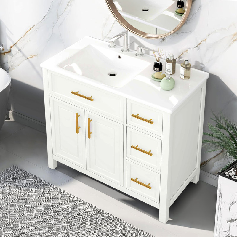 Meuble-lavabo de salle de bain avec comptoir en céramique, Blanc