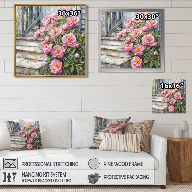 Criswell, pivoines roses par The Farmhouse Steps II - pivoines, art mural, Impression encadrée flottante, Brun