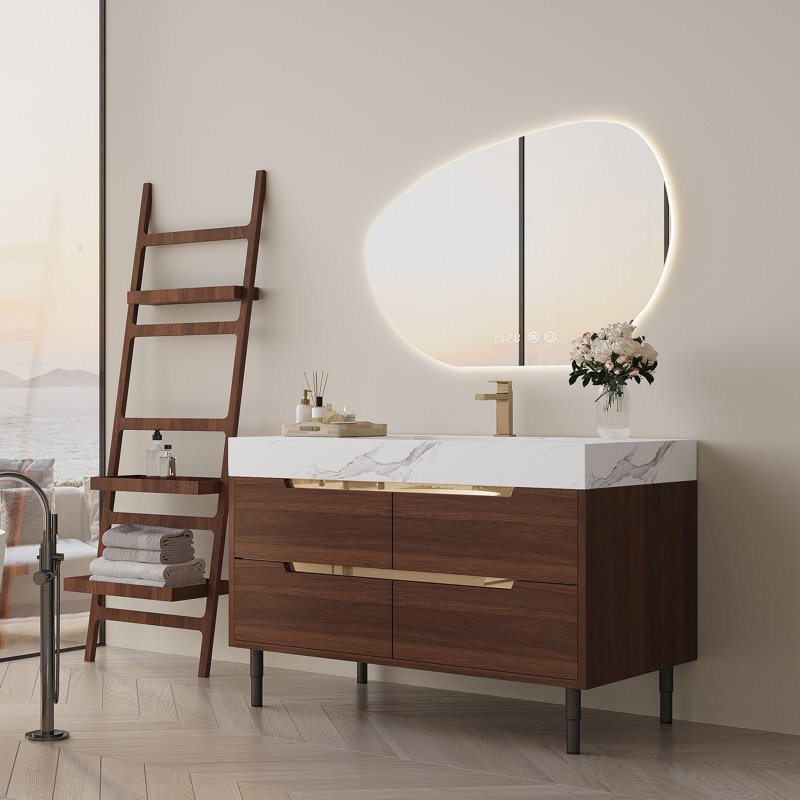Meuble-lavabo autoportant en pierre frittée de 35,4 po avec lavabo encastré, bois massif multicouche imperméable, rangement à 4 tiroirs, fixation murale