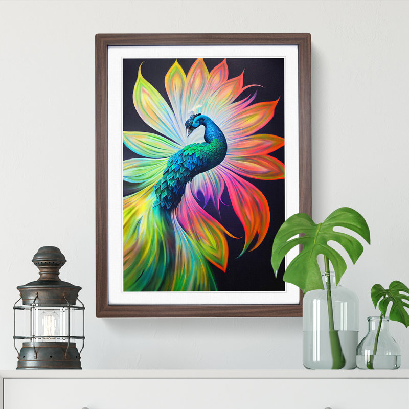 Bold Peacock Art No.1 - Print, 48cm H x 36cm W, Walnut Framed, White