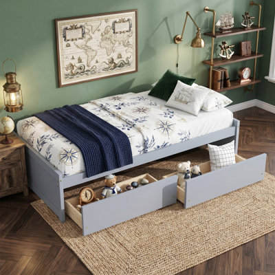 Lit simple avec 2 tiroirs, lit en bois d'hévéa massif