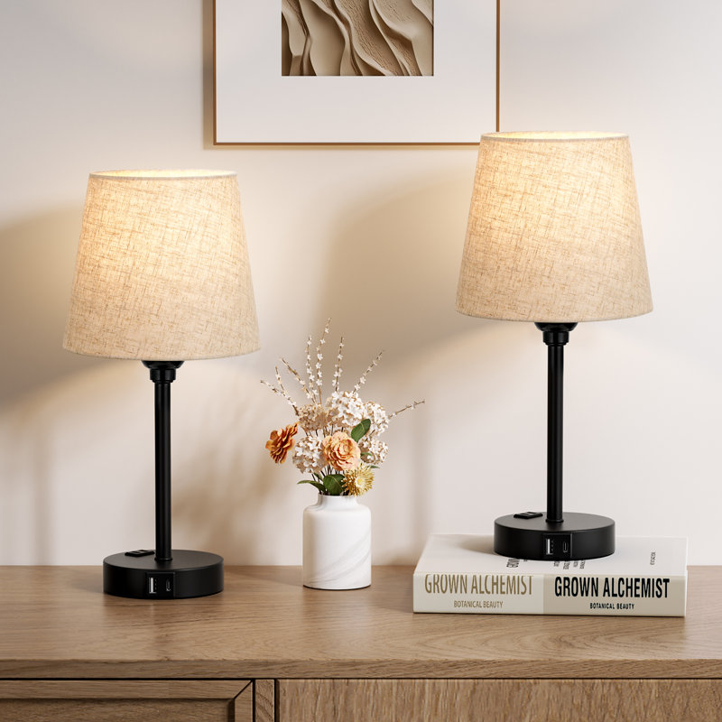 15'' Minimal Table Lamp Set with Touch Control, AC Outlet and USB A&C Ports, Beige, Black