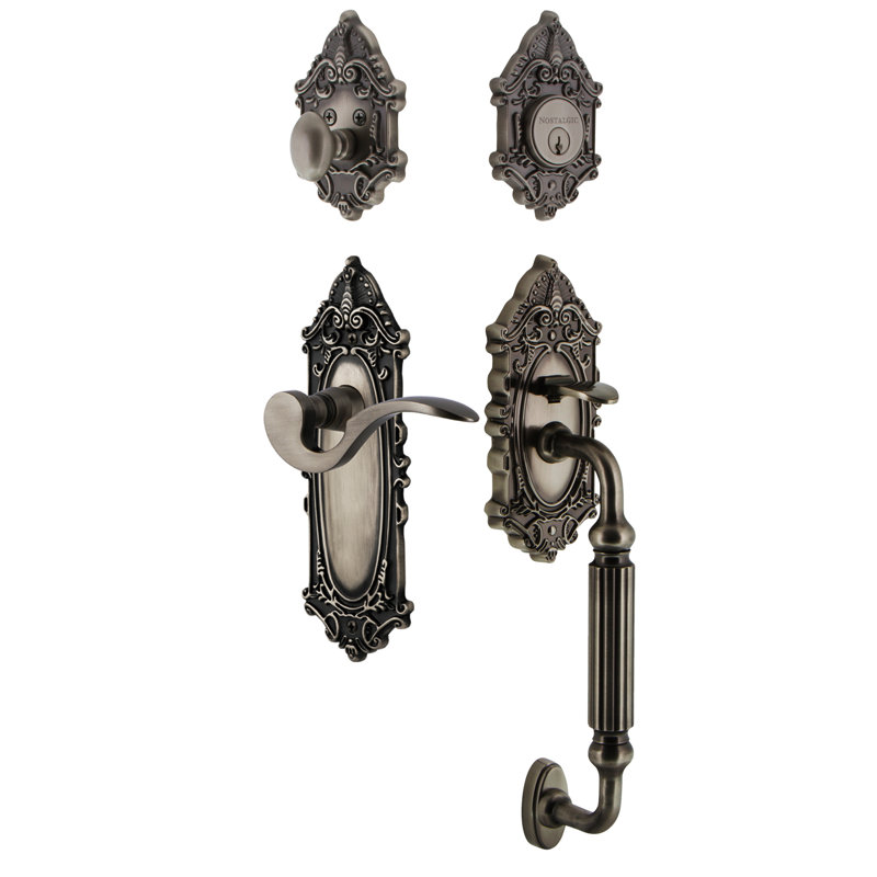 Nostalgic Warehouse Victorian Plate F Grip Handleset with Single Cylinder Deadbolt and Manor Lever, Antique Pewter, 2 3/8"
