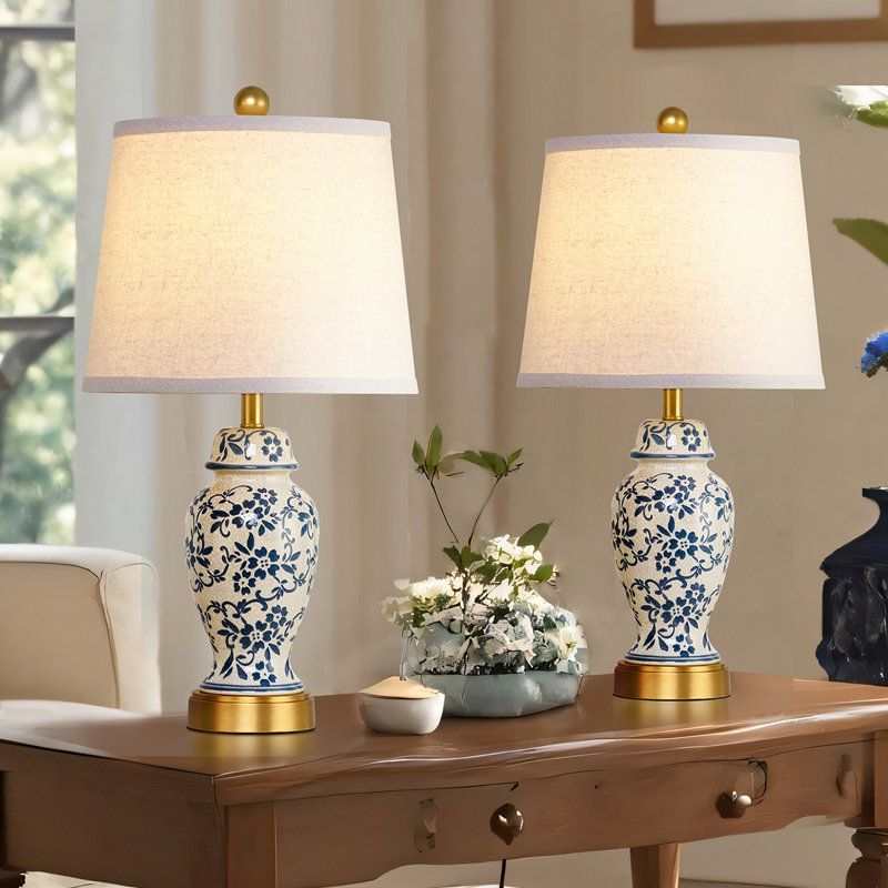Engelbertus Base 22” Blue White Porcelain Jar Lamp Set With Chrome Base（set of 2)