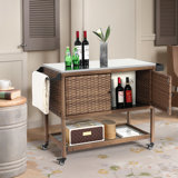 Outdoor Bar Cart, Rolling Wicker Bar Cart W/Storage Cabinet, Outdoor Bar Table With Wheels, Patio Kitchen Island Grill Cart W/Countertop, Brown