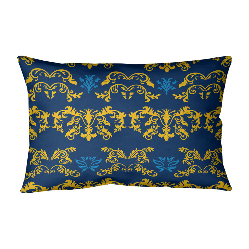 Damask Linen Reversible Pillow Cover, Gold/Navy Blue/Powder Blue, Spun Polyester
