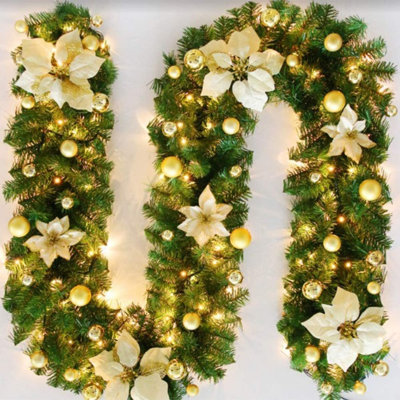 Christmas garland,christmas garland with lights,2.7M/ 9FT Christmas Garland Decorations Illuminated with LED Lights,for Stairs Fireplaces Christmas Festive Wreath Xmas Decor (Gold)