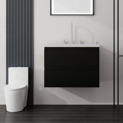 Meuble-lavabo flottant avec lavabo, avec tiroir à fermeture en douceur, comptoir en marbre de Carrare, contreplaqué, noir