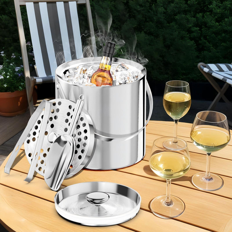 Seau à glace avec couvercle, pelle, pinces et crépine, seau à glace à double paroi, garde la glace plus longtemps, (argent)