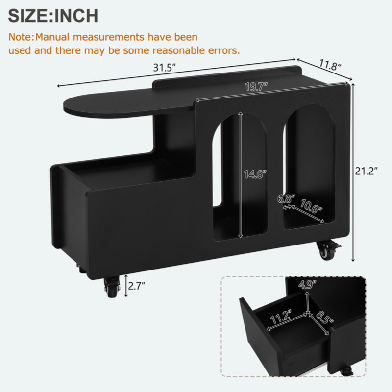 Versatile Mobile End Table With Storage And Lockable Wheels, Ideal For Any Room In Your Home., Black