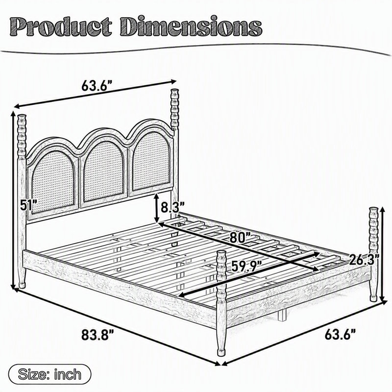 Lit plateforme Queen Size avec tête de lit arquée tissée et quatre montants hauts, cadre en bois avec pied de lit bas et dégagement sous le lit, naturel