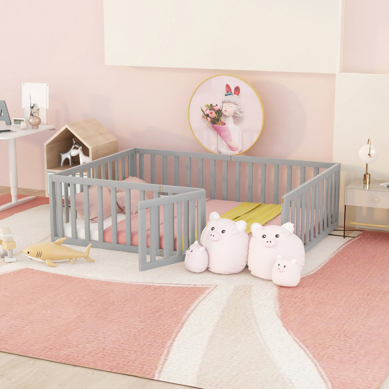 Wood Daybed Frame With Fence, Gray, Full/Double