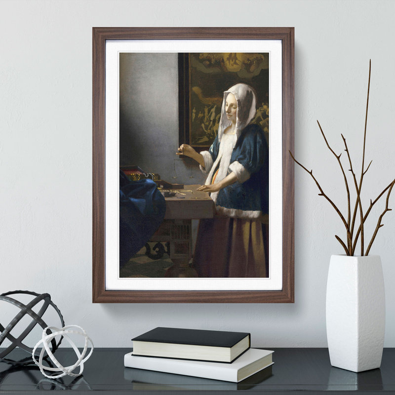 Woman Holding a Balance by Johannes Vermeer - Picture Frame Painting, Walnut Framed, 65cm H x 48cm W x 2cm D