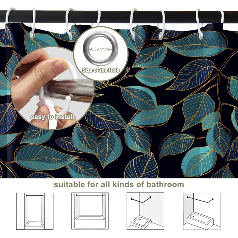 Pack of 1 Leaves Flower Natural Modern Plant Shower Curtain with Hooks, 182.88cm H x 182.88cm W