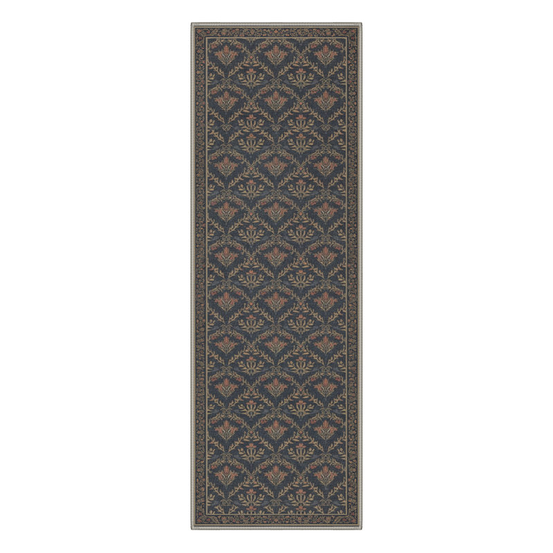 Floriana Floral Machine Washable Navy Indoor Area Rug With Non-Slip Backing, Runner 2'6" x 8'