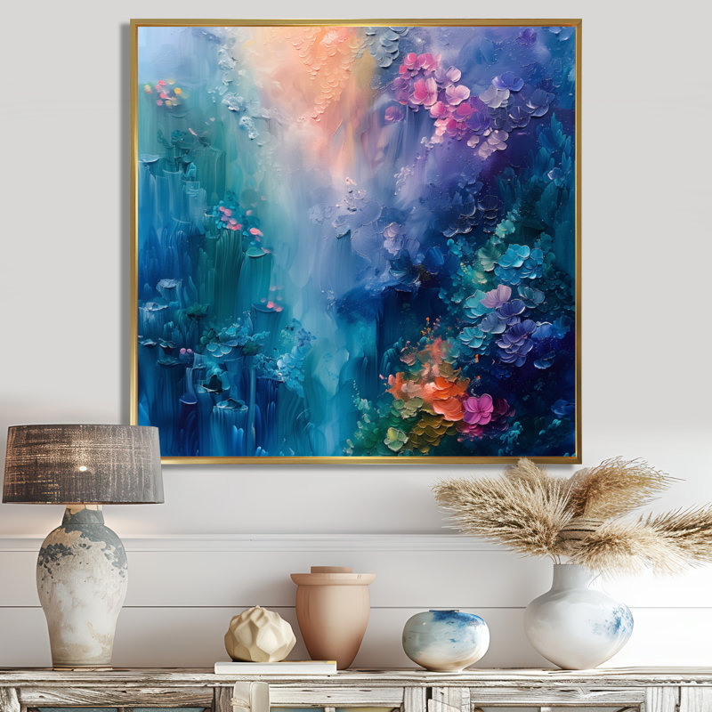 «Blue Coral Sea Floor Symphony IV», impression d'art mural corail, H 36 po x l 36 po, Cadre flottant brun