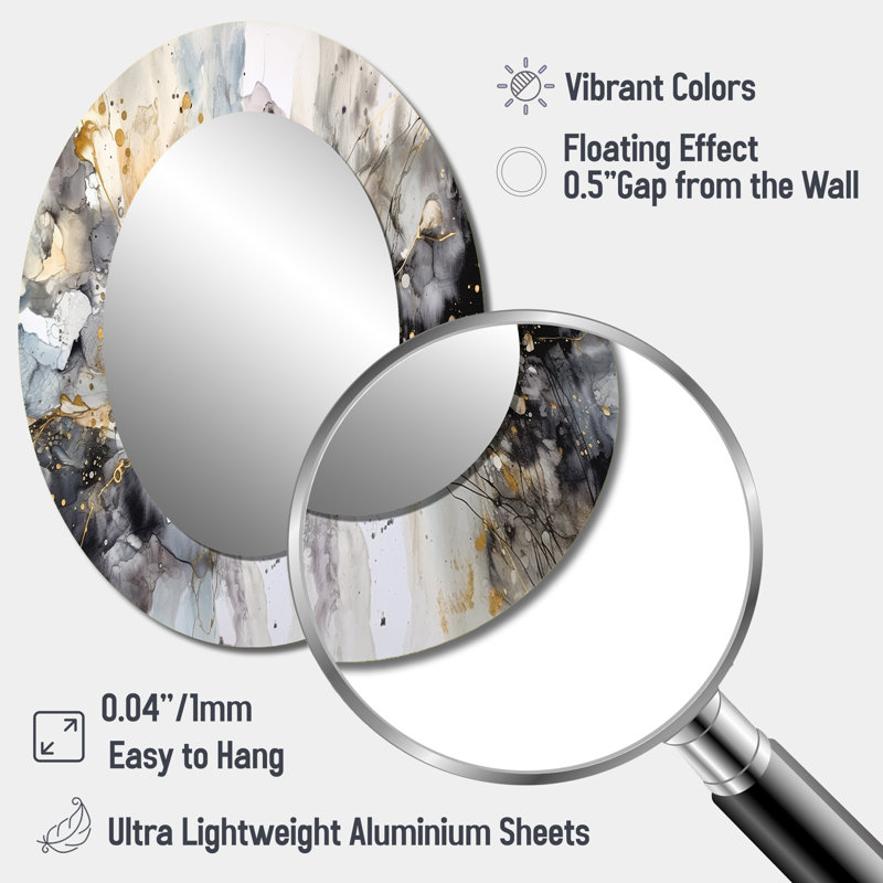 Grey Gold Delicate Abstract Brushstrokes II - Large Oval Wall Mirror On Metal, 40" x 30"