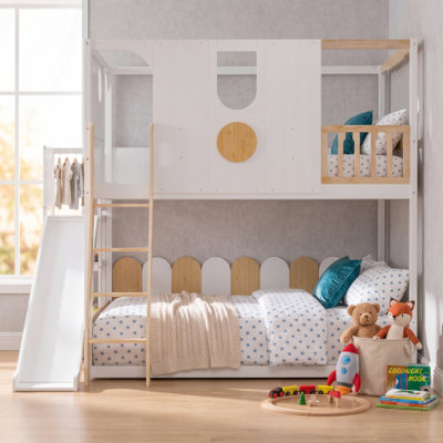 Kids Full Play House Loft Bed with Slide, Built‑in Storage Shelves & Safety Guardrails, White + Natural