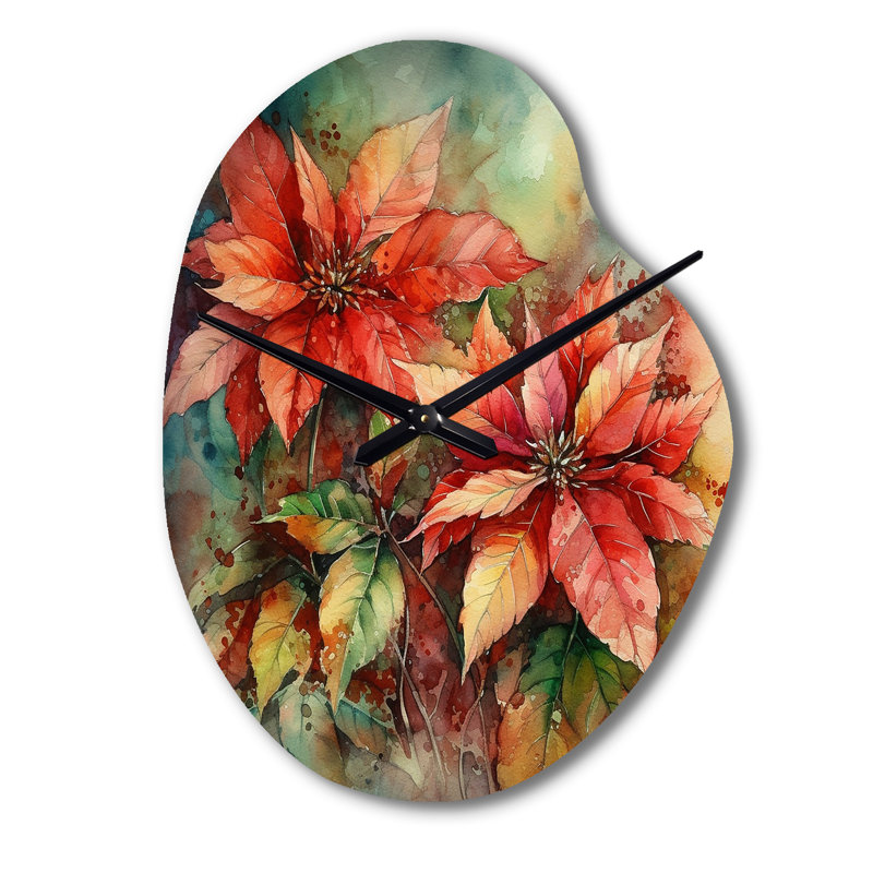«Red Blossoming Poinsettias II - Poinsettia forme unique horloge murale en métal», Petit