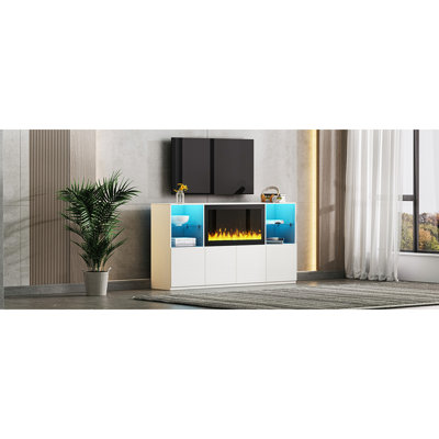 High Gloss TV Stand with 34.2"" Non-heating Electric Fireplace, Modern Entertainment Center with LED Light, Media Console with Tempered Glass Shelves f -  Corrigan Studio®, 4DC89217182043C1961B553B3F11CFB1